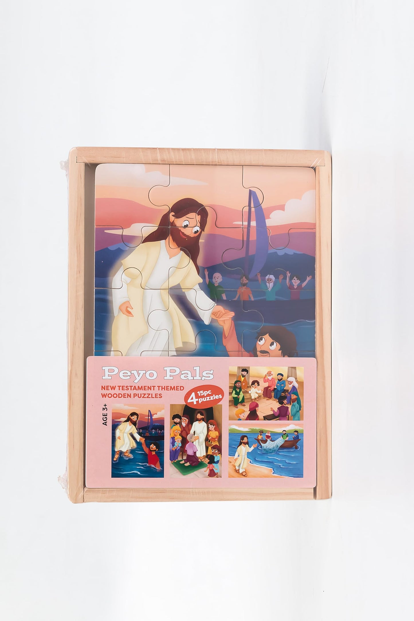 PEYO PALS Bible Puzzles for Kids Ages 4-6 | 4-in-1 Wooden Jigsaw Puzzles in Box (15 pcs Each) | Christian Gifts for Kids | Presc