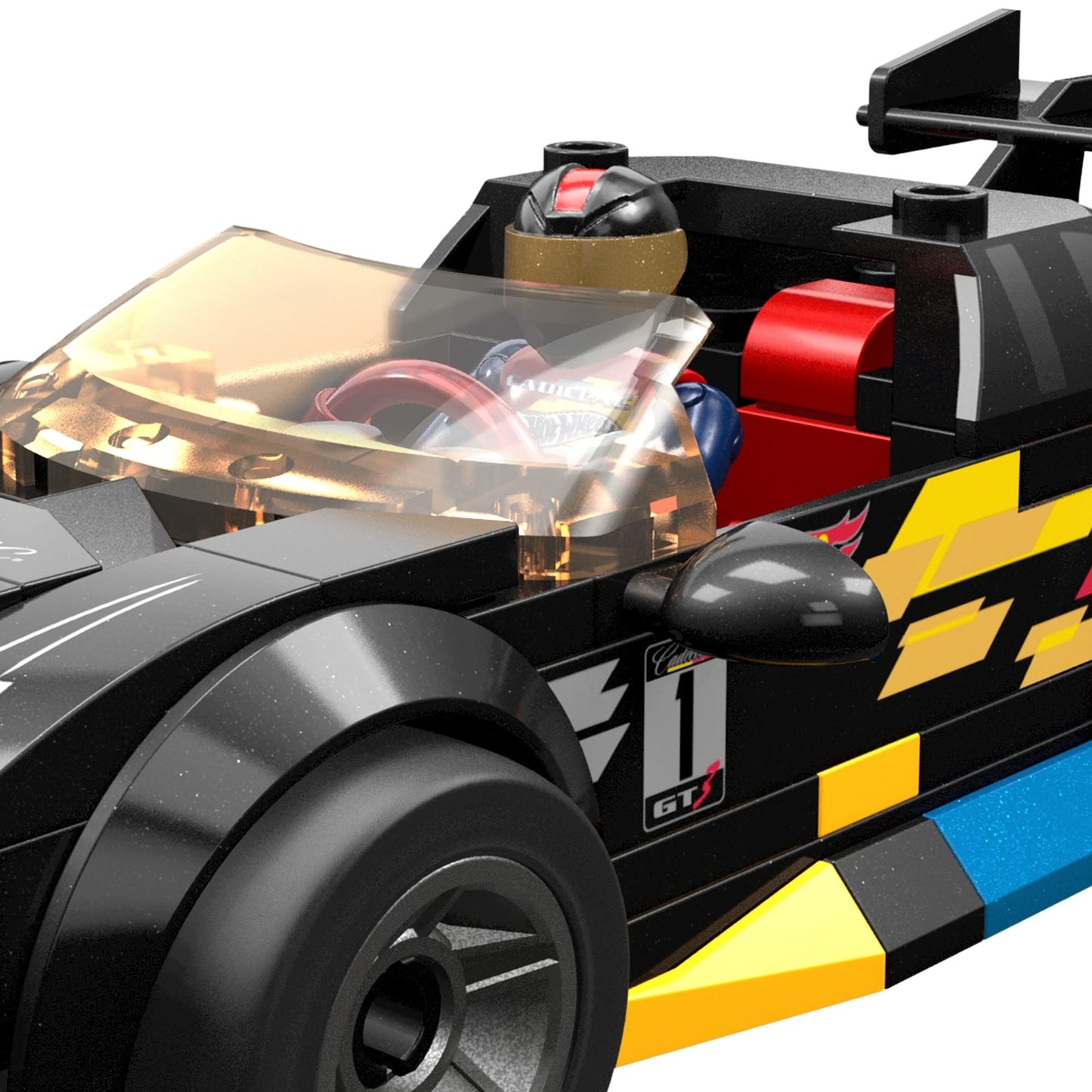 Mega Hot Wheels Building Toy Race Car Playset, 16 Cadillac Ats-V With 90 Pieces, 1 Micro Action Figure Driver, Black, Kids Age 5