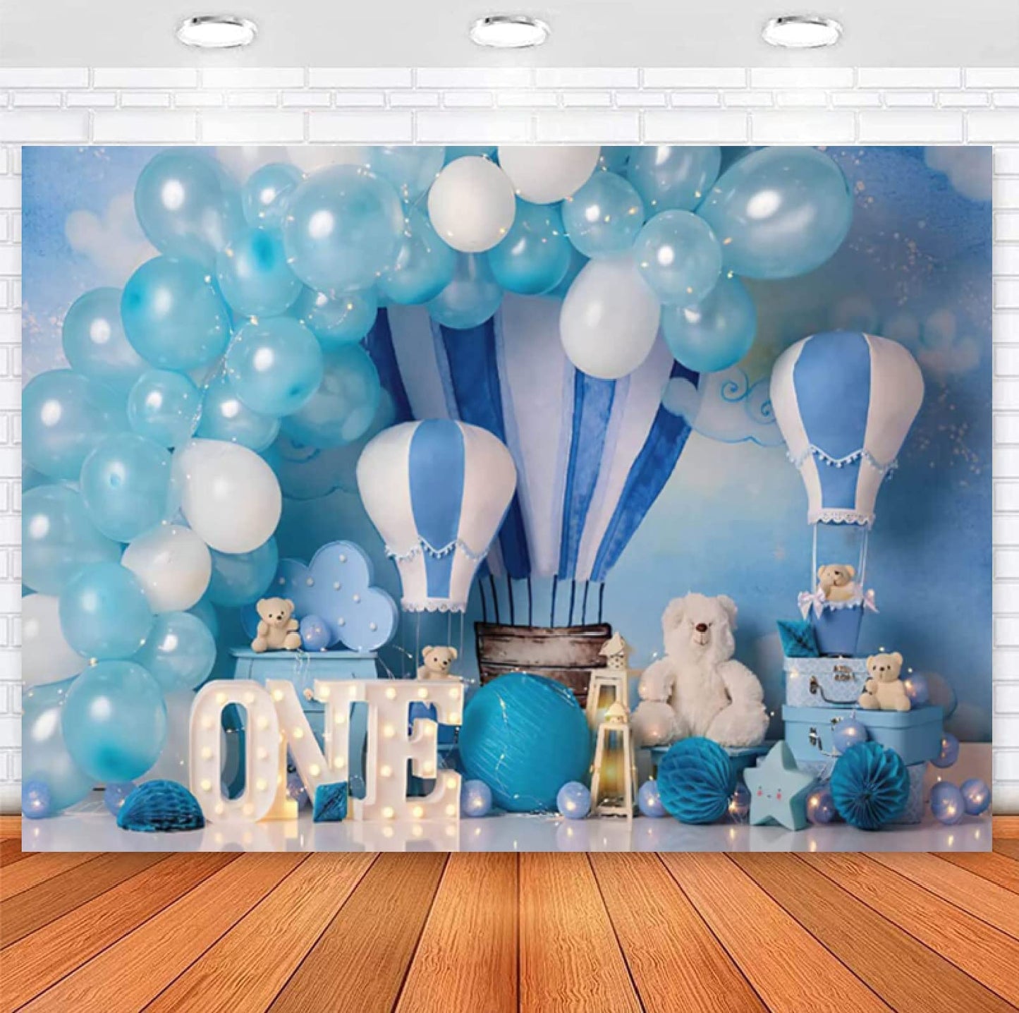 Boy One Birthday Party Backdrop Blue White Hot Air Balloon Little Bear Photography Background 1St Birthday Photo Booth Kids Boys