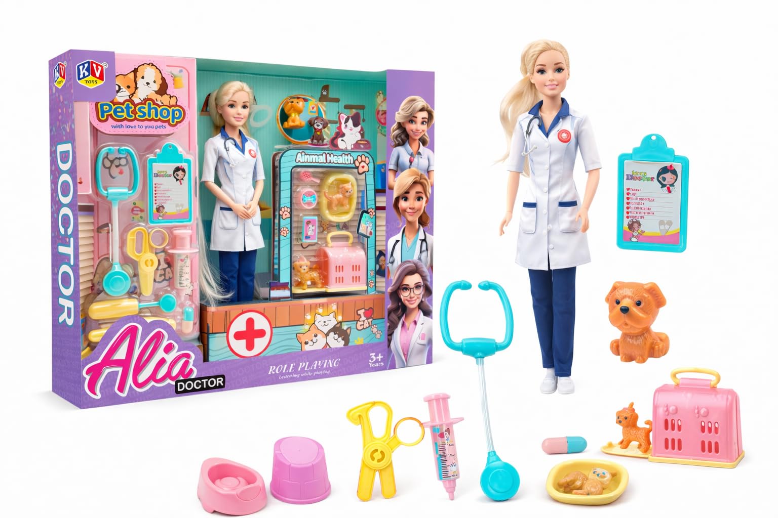 Wiztoy Lyla Alia Doctor Doll With Pet Clinic Set - Vet Role Play Kit With Doll, Animals & Medical Accessories | Toy For Girls Ag