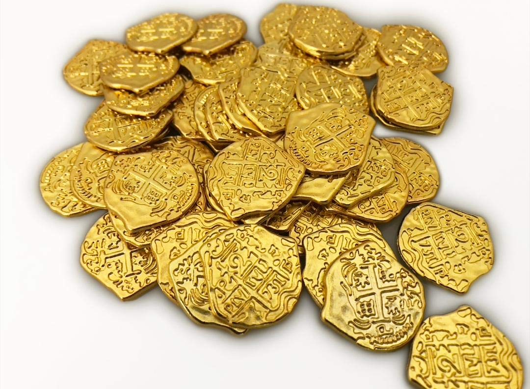 Seven Seas Pirates Toy Metal Shiny Gold Action Treasure Coins - Plays and Parties - 100 Tokens
