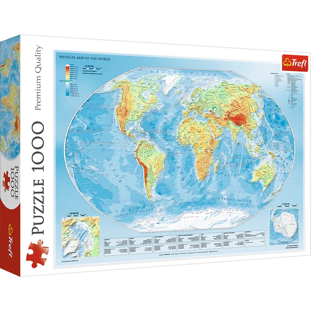 Trefl Physical Map Of The World 1000 Piece Jigsaw Puzzle Red 27'X19' Print, Diy Puzzle, Creative Fun, Classic Puzzle For Adults And Children From 12 Years Old