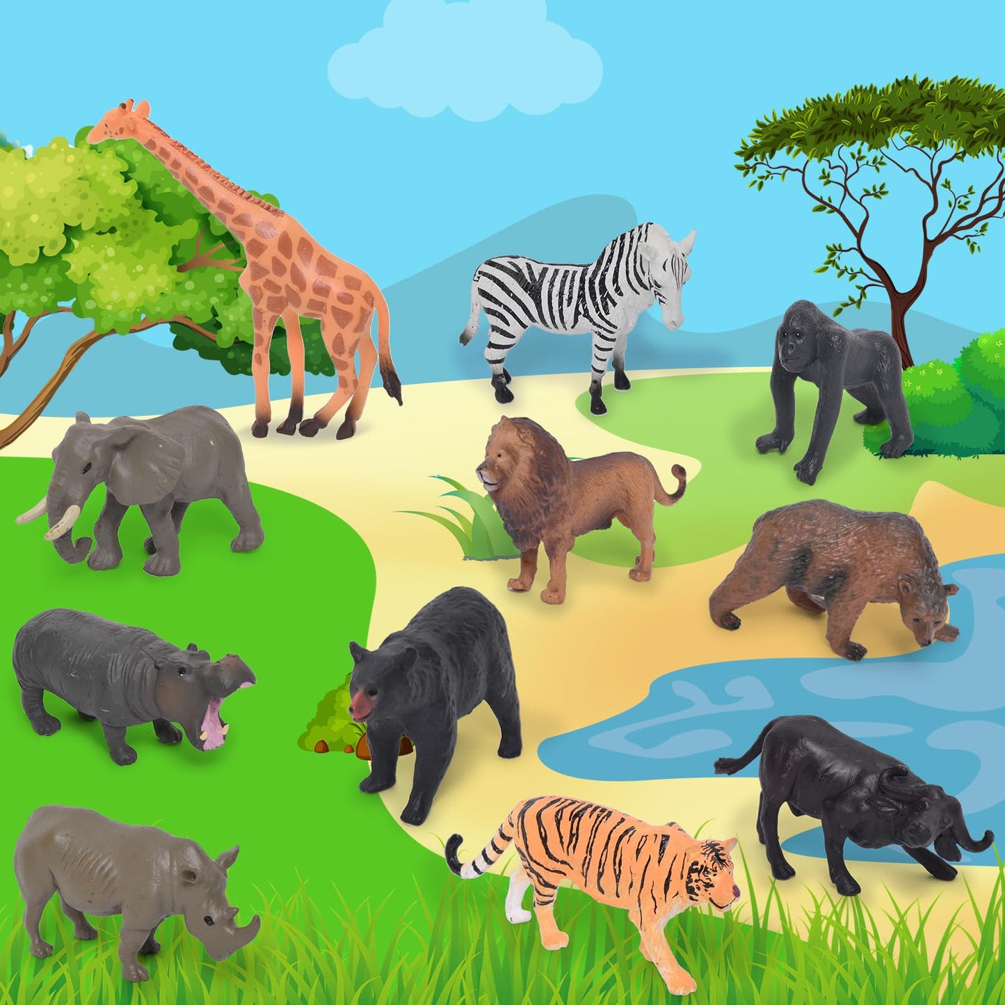 24 Animal Figurines - Educational Toys with Matching Flash Cards for Kids (Zoo & Sea Animals)