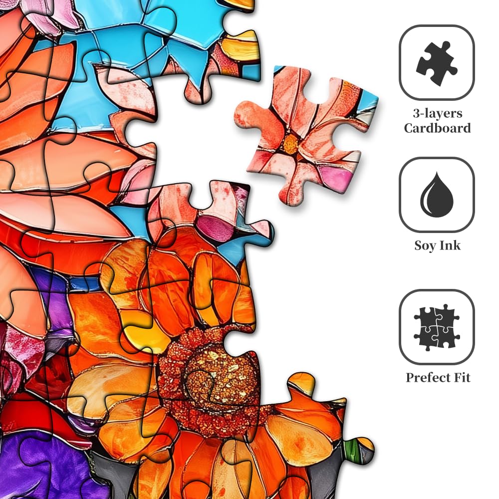 1000 Piece Jigsaw Puzzle for mature-themeds - Stained Glass Mosaic Flowers Art  Colorful Daisy Garden Puzzle  Difficult Challenging Game  enhanced Recycled Gift for Women Men Teens