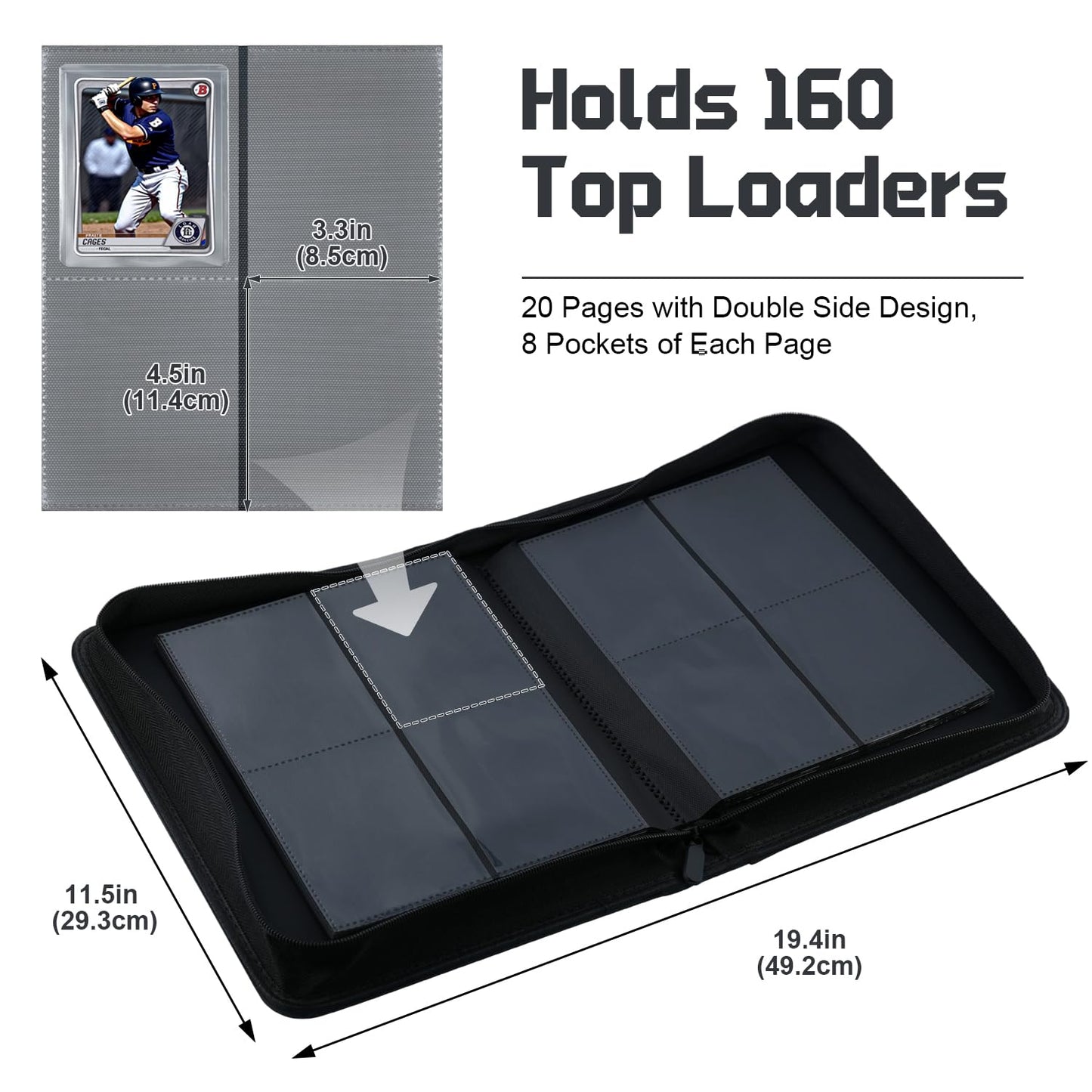 WITHYU Toploader Binder 4 Pocket for 3x4 Rigid Cards  Holds 160 Pockets with 8 Toploaders Included  Trading Card Binder Album for TCG MTG Sports Collection (Black)