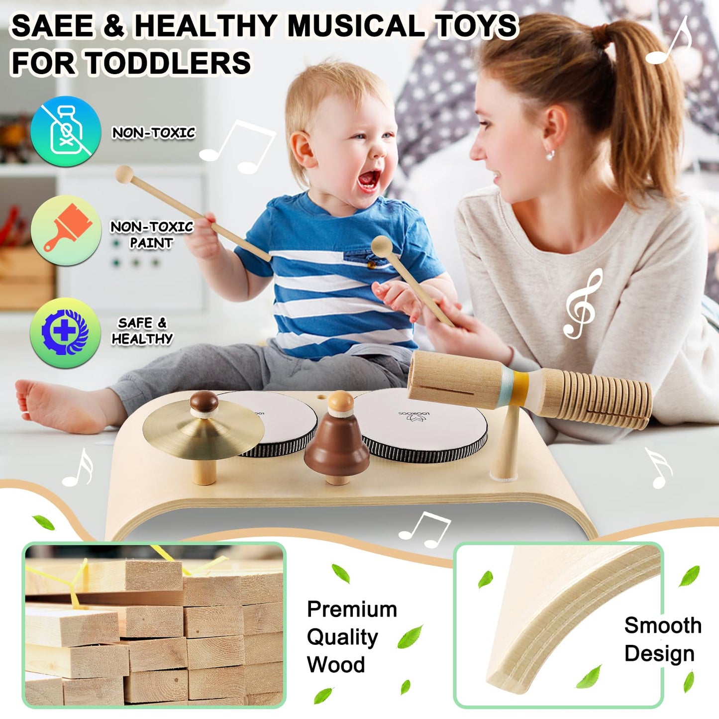 Looikoos Kids Drum Set For Toddlers All In One Montessori Wooden Musical Instruments Set,Preschool Educational Baby Sensory Musical Toys For Kids Ages 1-6