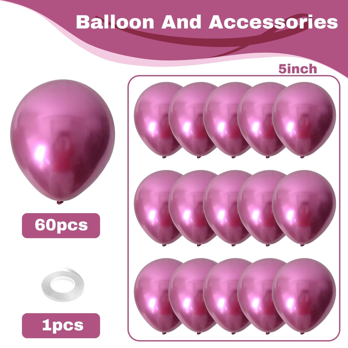 Jobkoo 60Pcs Metallic Pink Balloons 5Inch Shiny Chrome Hot Pink Balloon Dark Pink Metallic Party Balloons Small Magenta Pink Chr