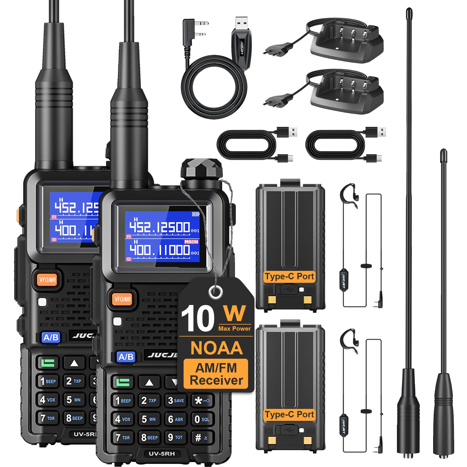 Jucjet 5Rh Ham Long Range Radio 10W Radio (Upgraded Of Uv-5R), 999Ch One Key Frequency Match, 2500Mah Battery Rechargeable Walki