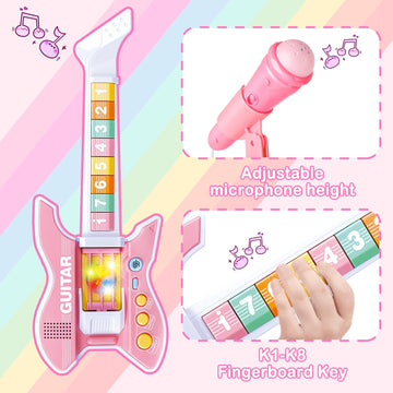 Deao Kids Guitar And Microphone Set With Stand Adjustable Height Music Light Karaoke Music Toys Christmas Birthday Gift For Kids Boys Girls (Pink)