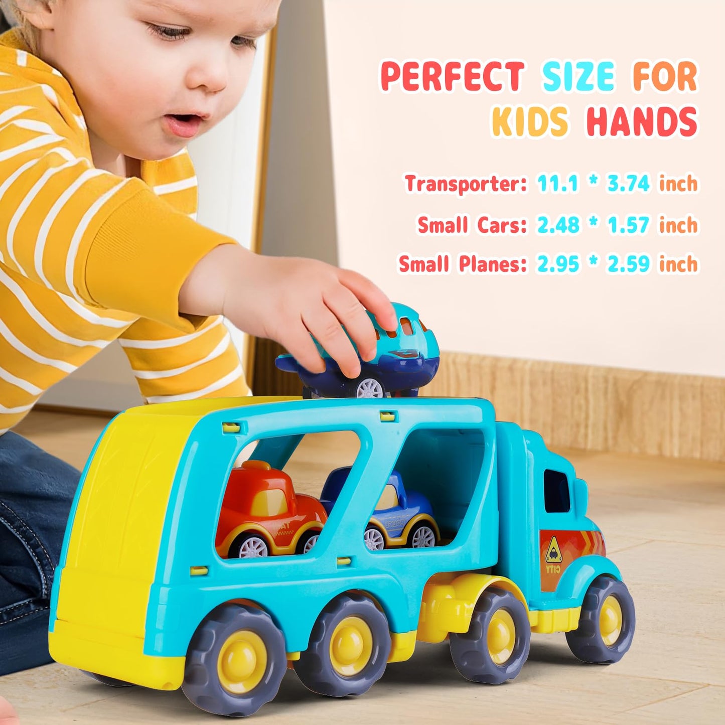 SHAWE 5 in 1 Toys Cars for 3 4 5 6 Years Old Toddlers Boys Girls Gifts, Transport Truck Toys with Sound & Light, Cute Pull Back