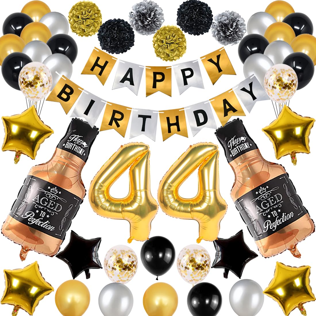 Naninuneno 44Th Gold Birthday Decorations, Gold Black Silver Happy Birthday Balloons Supplies For Boy Men Girl Women, 44 Birthda