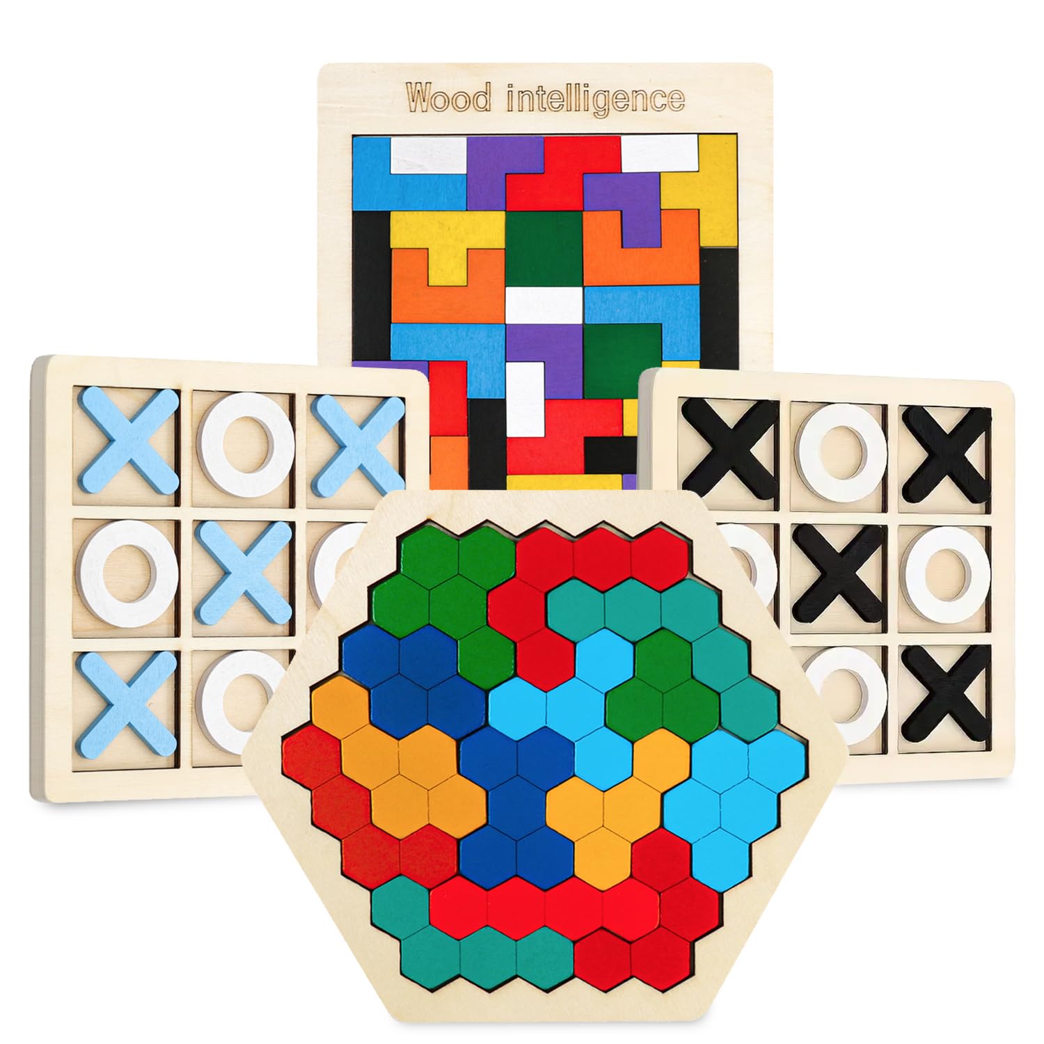 NAODONGLI Wooden Puzzles Geometric Shape Logic Hexagon Puzzle Toys Brain Teasers STEM Montessori Educatioanl IQ Board Games for Kids Boys Girls Ages 3+ (4 Pack)