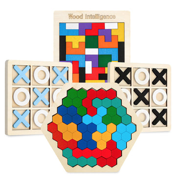 NAODONGLI Wooden Puzzles Geometric Shape Logic Hexagon Puzzle Toys Brain Teasers STEM Montessori Educatioanl IQ Board Games for Kids Boys Girls Ages 3+ (4 Pack)