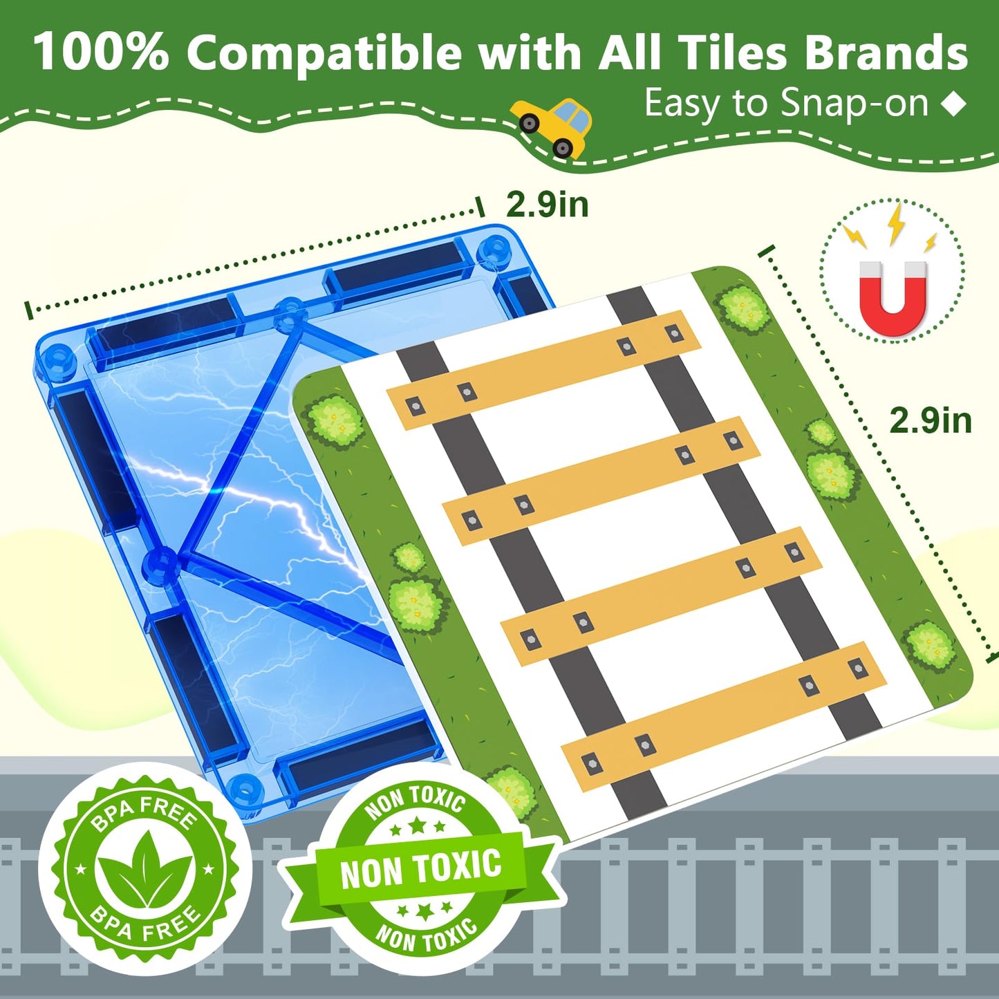 90Pcs Magnetic Tile Road Toppers (Magnetic Tiles Not Included) Kids Toys Magnetic Tile Accessories Creative Add-On Activity City Traffic Network Playset Sensory Play Toy Gifts For Kids Age 3 4 5 6 7