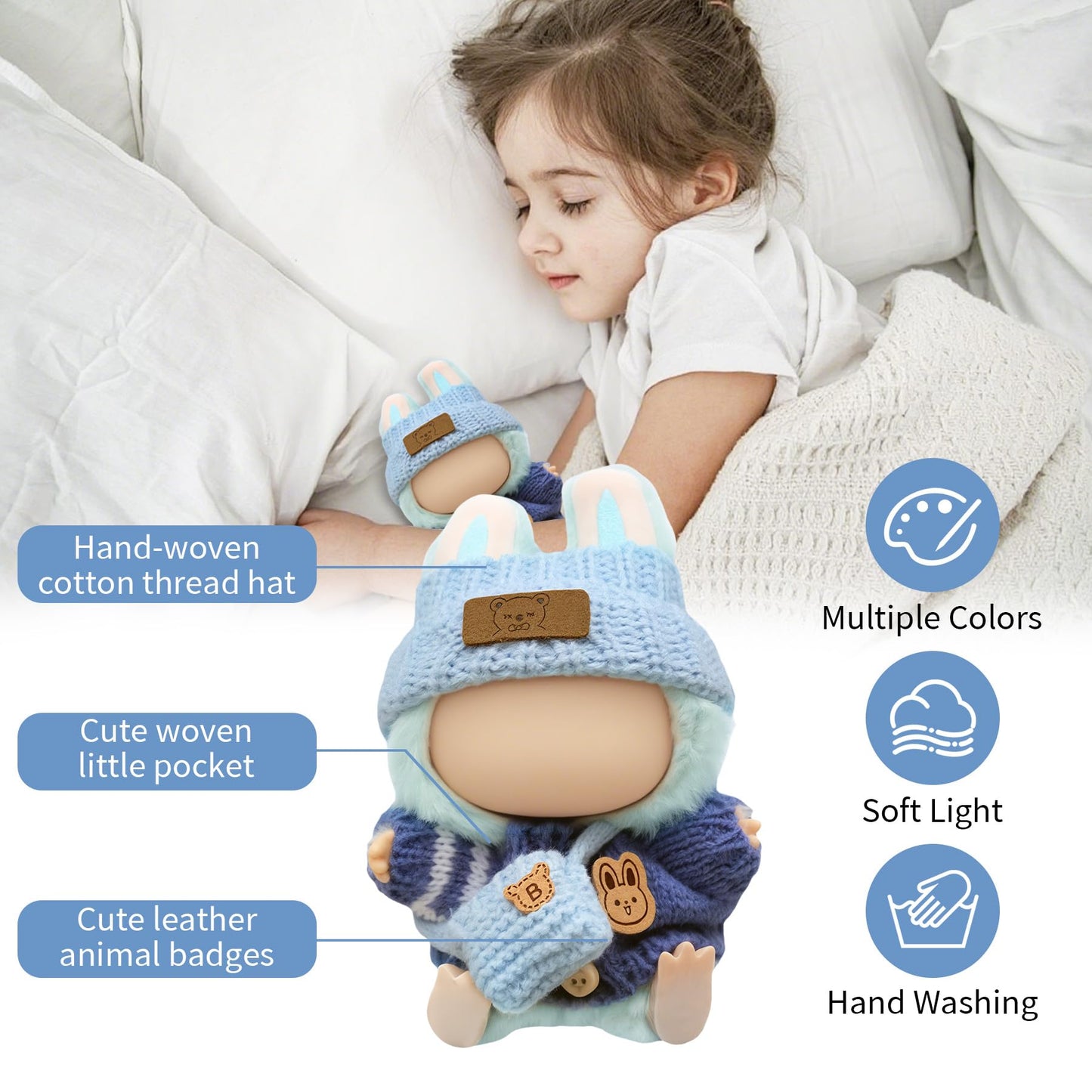 Clothes for 17cm Doll (NO Doll)  Handcrafted Crochet Outfits for 17cm Dolls with Accessories  Boy and Girl 3-Piece Clothes Set  Cute Stylish Clothing with hat and Bag for Dolls Dress up (Blue)