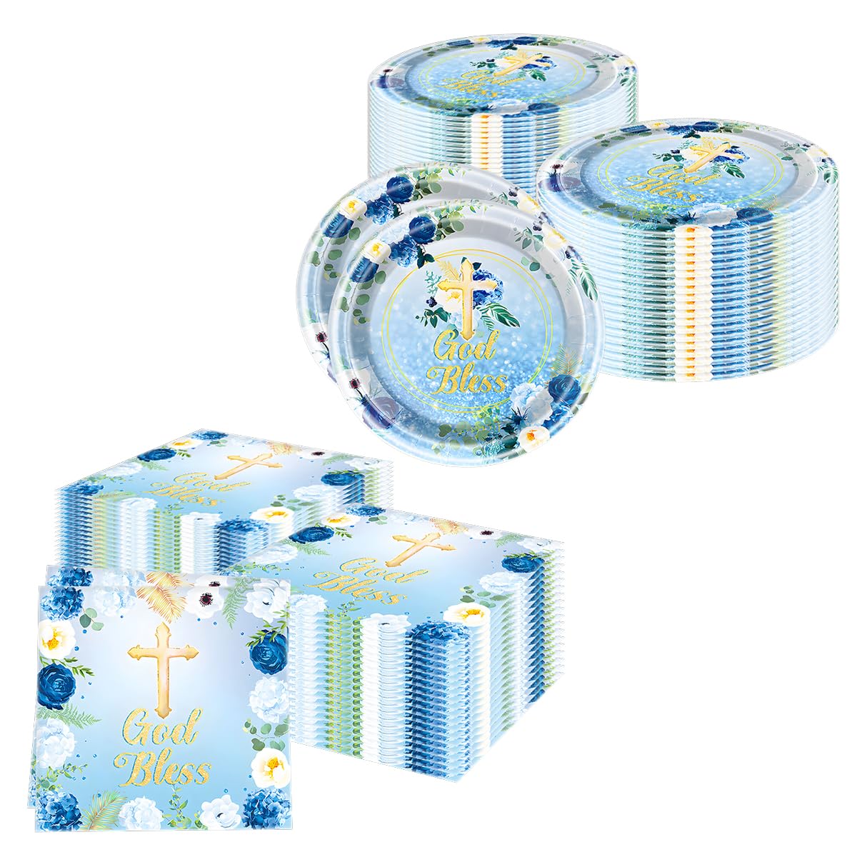 Blue God Bless Tableware Set,First Communion 20 Plates and 20 Napkins and Tablecloth51 x 86,For Newborn Baptism Church Party
