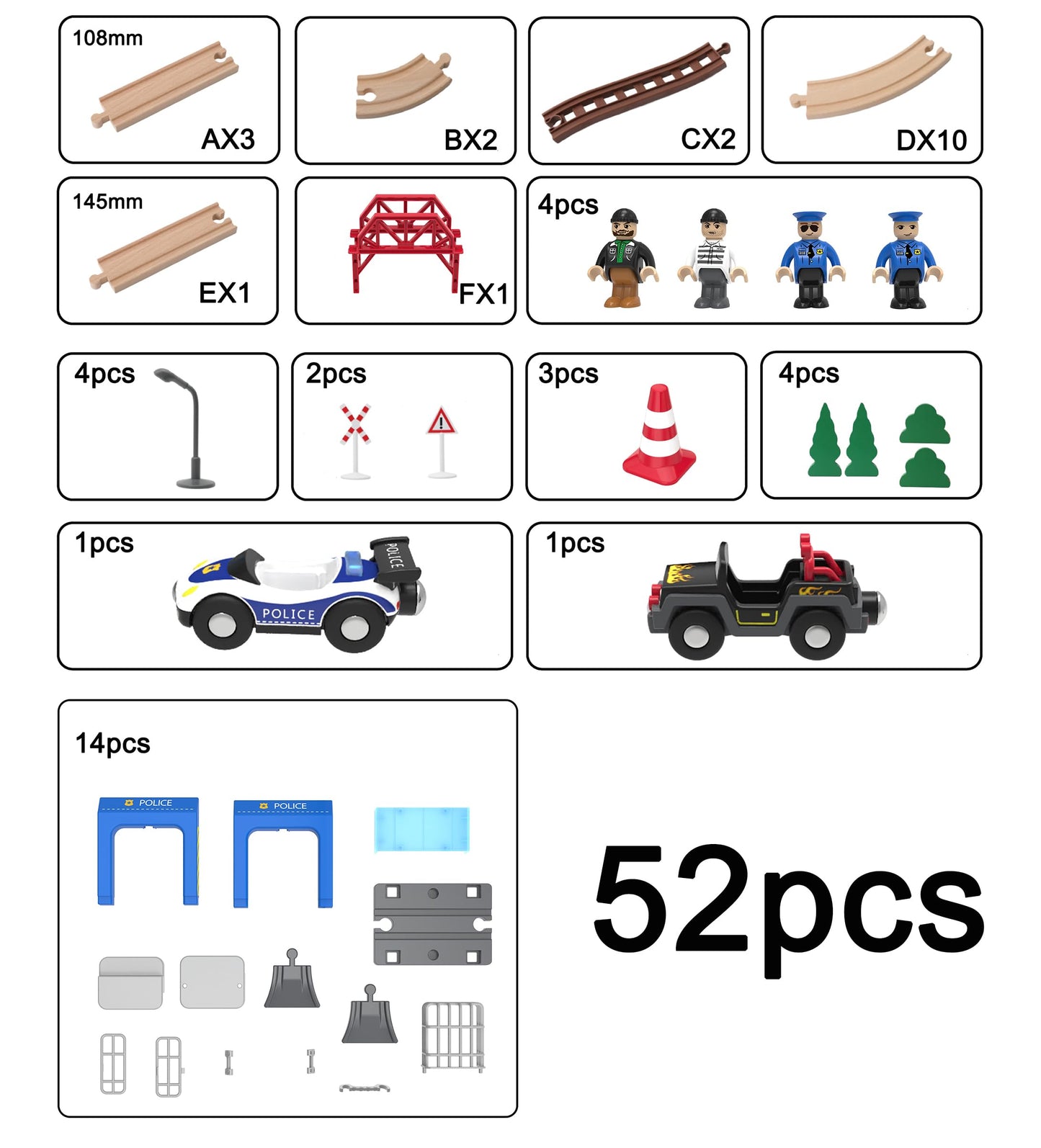 Wooden Train Set For Toddlers, 52Pcs Train Toy With Railway Track For Kids, Wooden Train Tracks Include Expansion Pack Compatible With Thomas, Brio, Chuggington