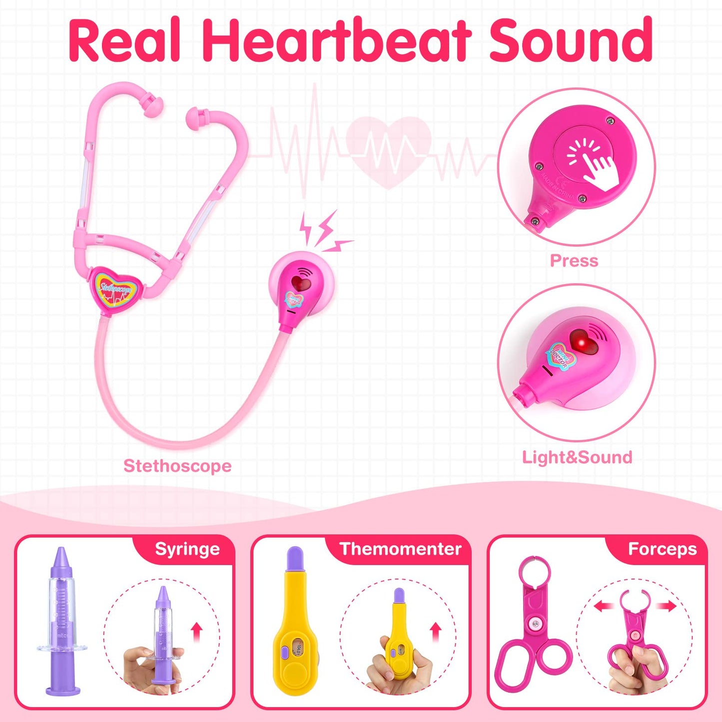 Kids Doctor Kit for Girls, Pink Doctors kit for Kids 22 Pieces Doctor Play Gift for Kids Medical Toys Set with Roleplay Doctor C