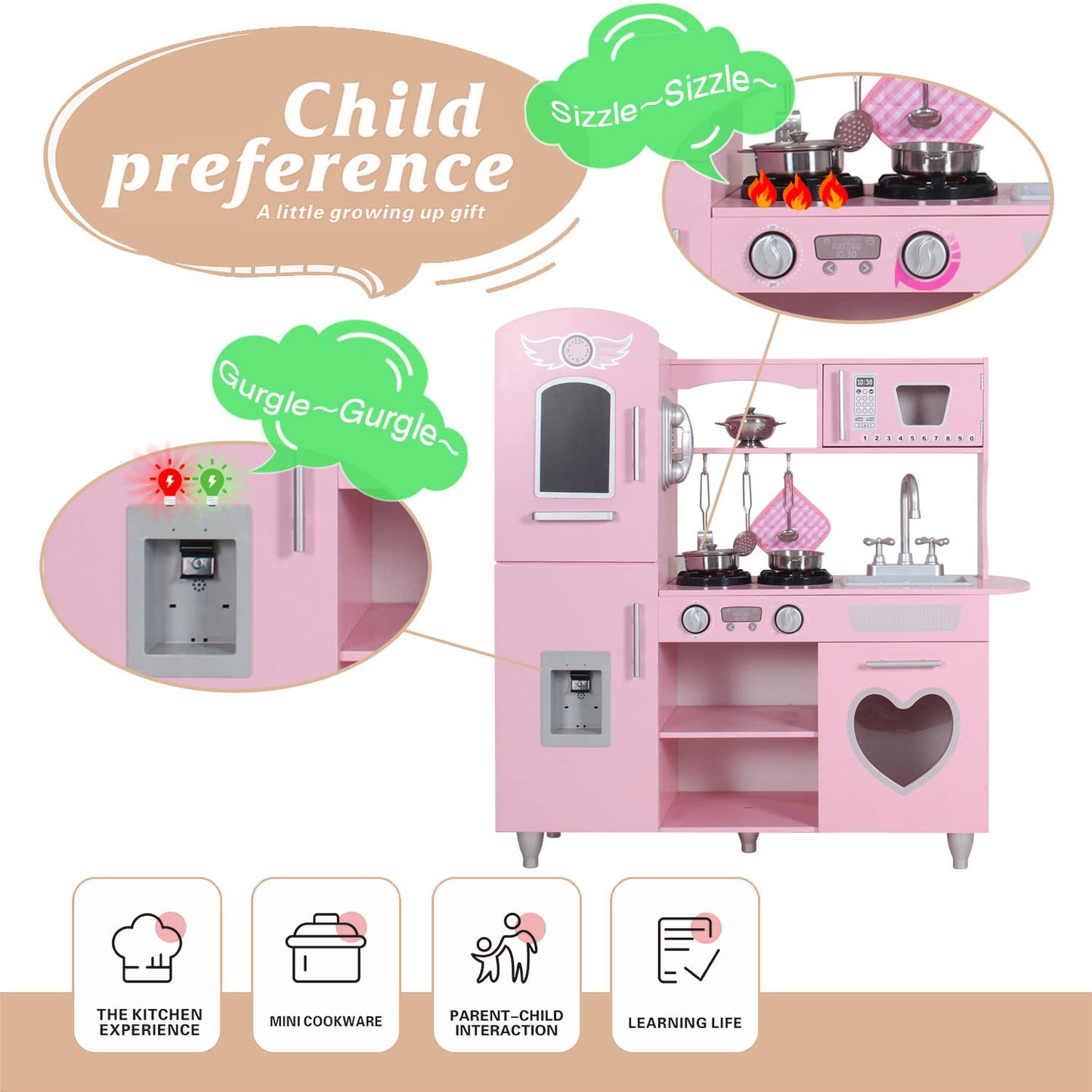 TaoHFE LED Upgrade Kitchen Set for Kids Wooden Play Kitchen LED Gas Tray with Sound Toy Kitchen Sets for Girls Gift Enjoy Cookin