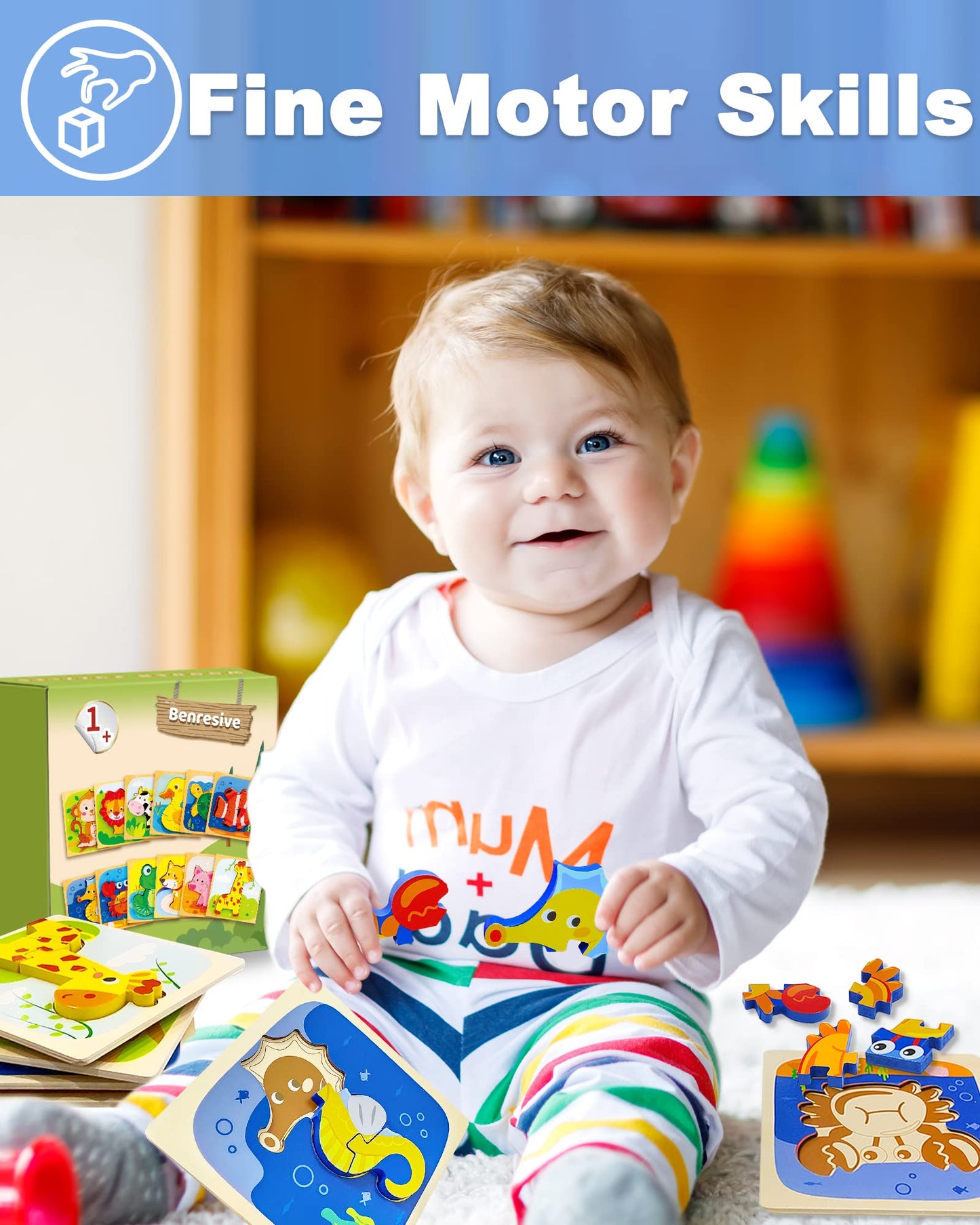 Benresive Wooden Toddler Puzzles Ages 1-3, Montessori Toys For 1 2 3 Year Old Boys Girls, 12 Pack Animal Toddler Toys Gifts For 1 2 3 Year Old Boys Girls, Learning Educational Preschool Toys