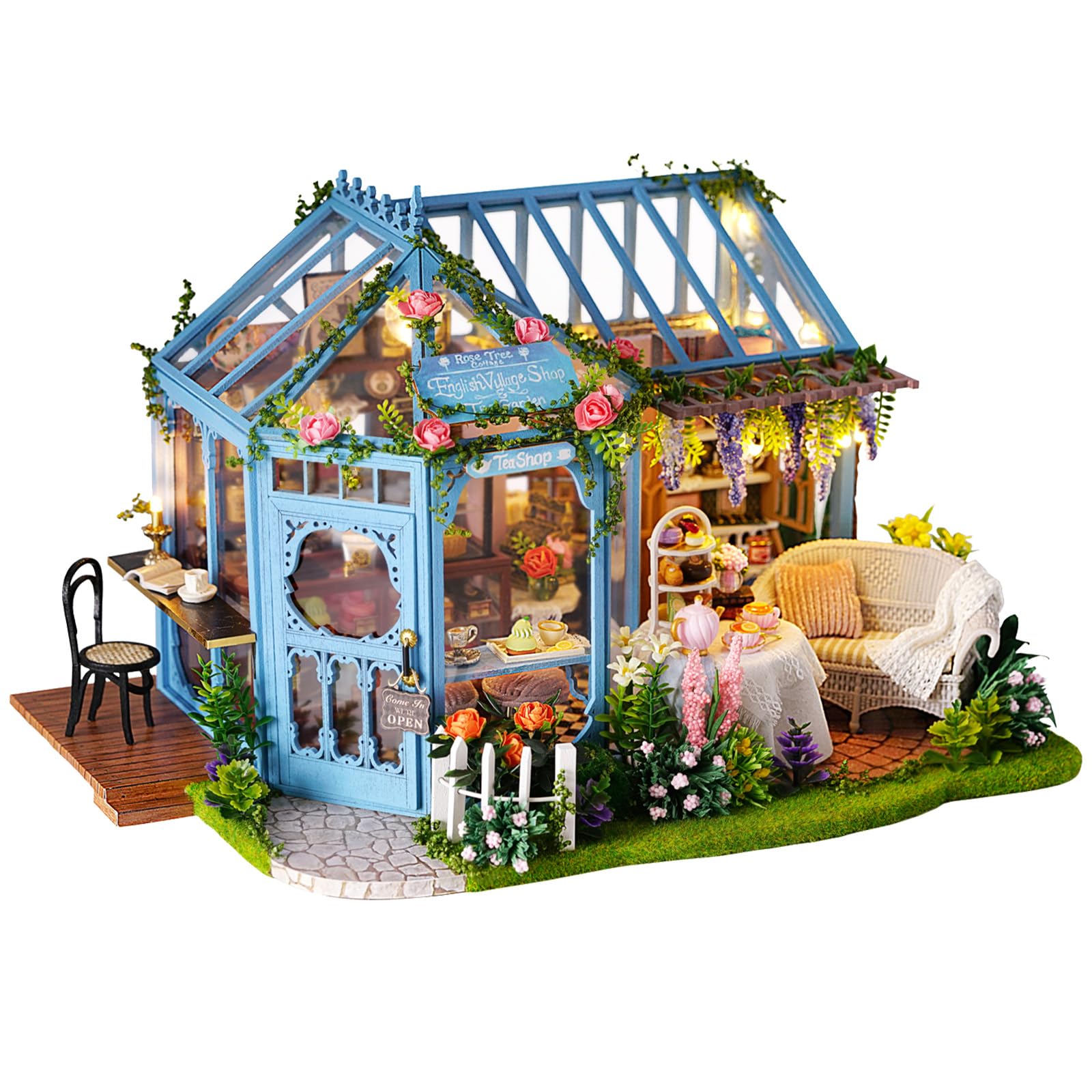 Fsolis DIY Miniature Dollhouse Kit for mature-themeds - Tiny Scene House Mini Garden House Kit 3D Puzzles for mature-themeds Gifts for Women Teenagers Craft Lovers (Rose Garden Tea House)