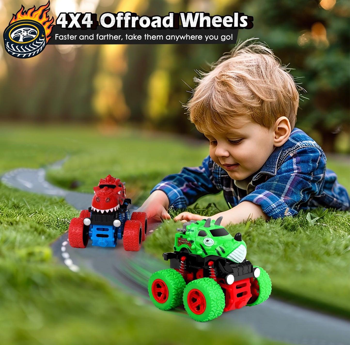 Awsogiff Dinosaur Toys For 3 4 5 Year Old Boys, 2 Pack Push & Pull Friction Powered Dinosaur Monster Truck, Dino Cars For Kids 3