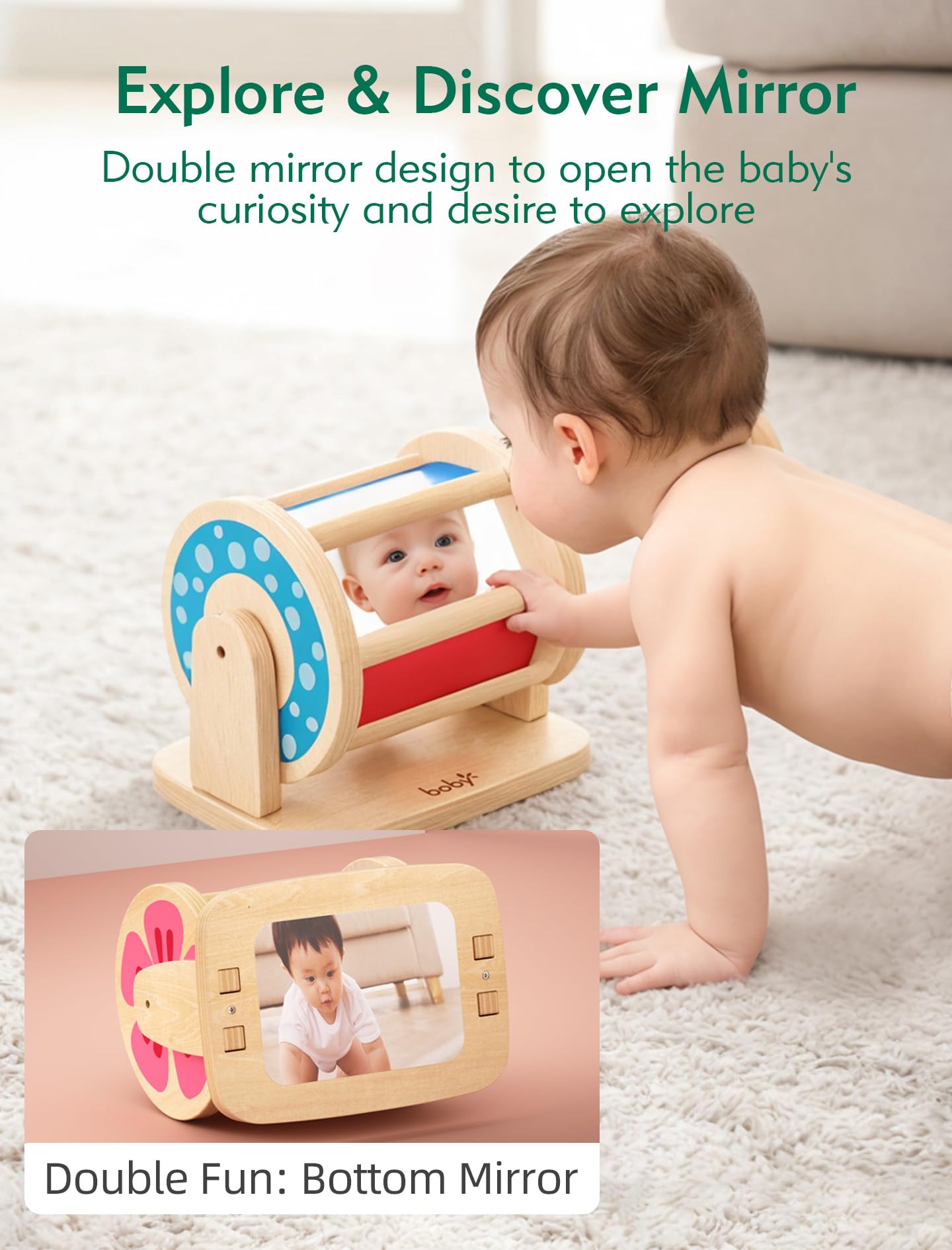 Montessori Spinning Drum Toy Set for Babies 6-12 Months  Sensory Development & Tummy Time Fun - Wooden Infant Toys with Mirror & Bell  for Boys & Girls