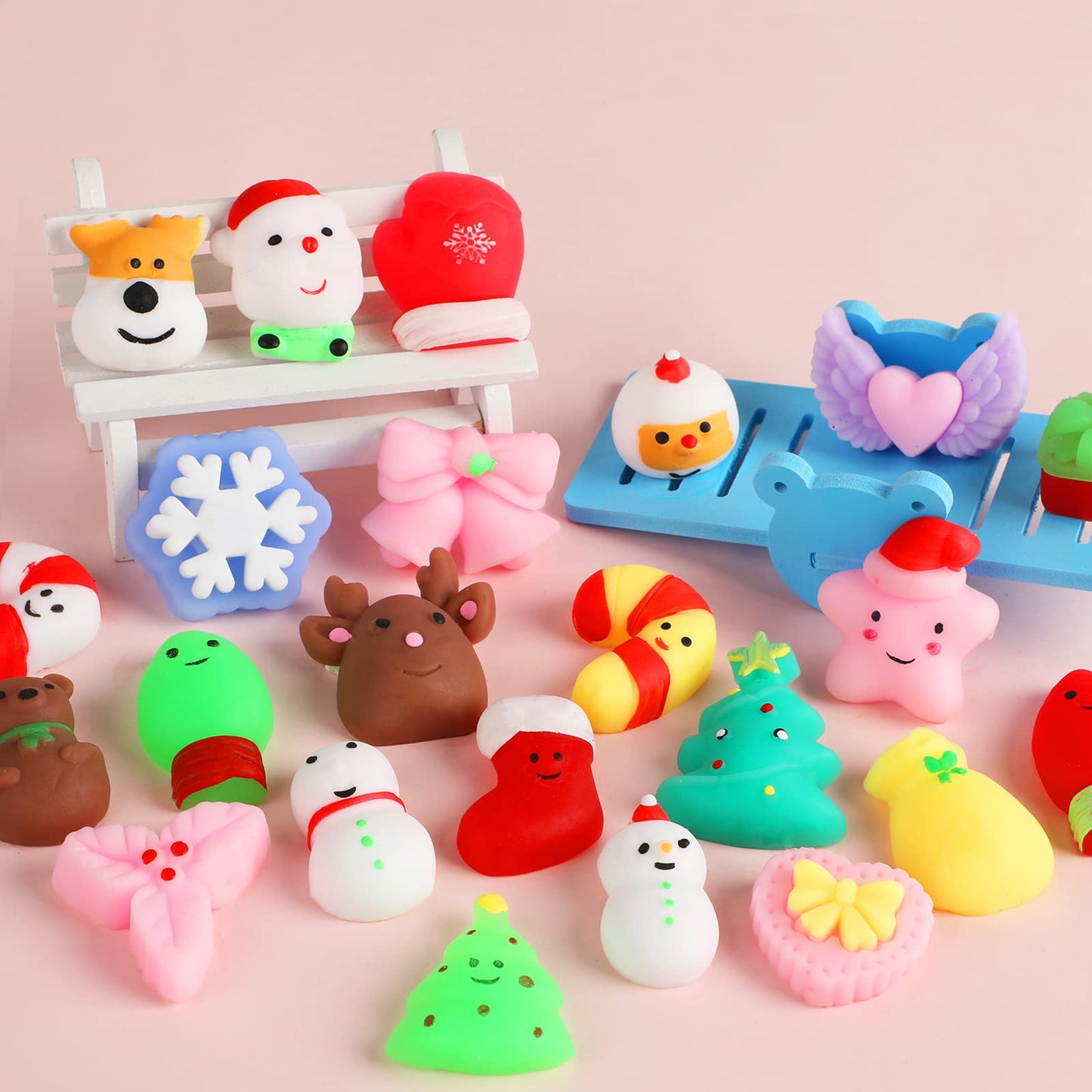 KINGYAO Squishy Fidget Toys, Mini Mochi Squishies 24 Pcs Party Christmas Mochi Favors for Kids Kawaii Snow Man Squishy Stress Re