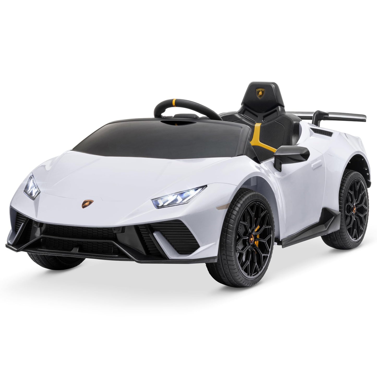 Kidzone Kids 12V Licensed Lamborghini Huracan Ride On Car Battery Powered Electric Vehicle Toy With 2 Speeds, 4-Wheel Drive, Suspension System, 2.4G Remote Parent Control, Mp3, Led Headlights - White