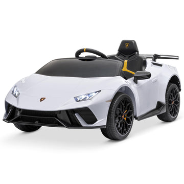 Kidzone Kids 12V Licensed Lamborghini Huracan Ride On Car Battery Powered Electric Vehicle Toy With 2 Speeds, 4-Wheel Drive, Suspension System, 2.4G Remote Parent Control, Mp3, Led Headlights - White