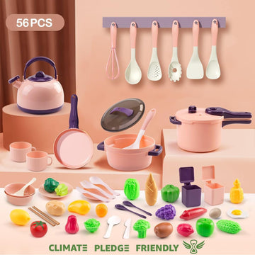 56Pcs Mini Play Kitchen Accessories for Kids, Pretend Cooking Playset with Cookware, Tableware & 2 Fruit Sets, Learning Gift for