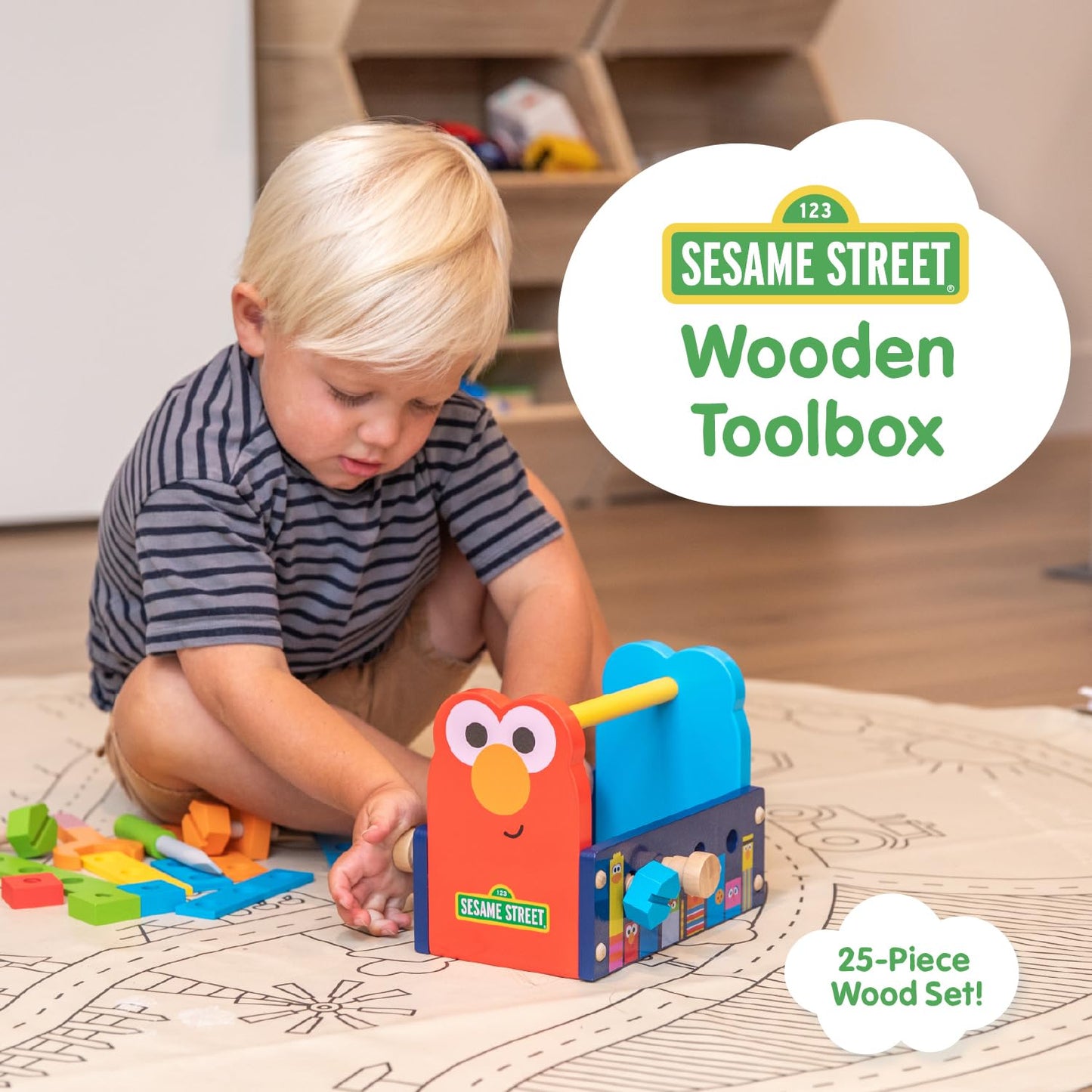 KIDS PREFERRED Sesame Street Wood Toolbox with Building Toys for Toddlers