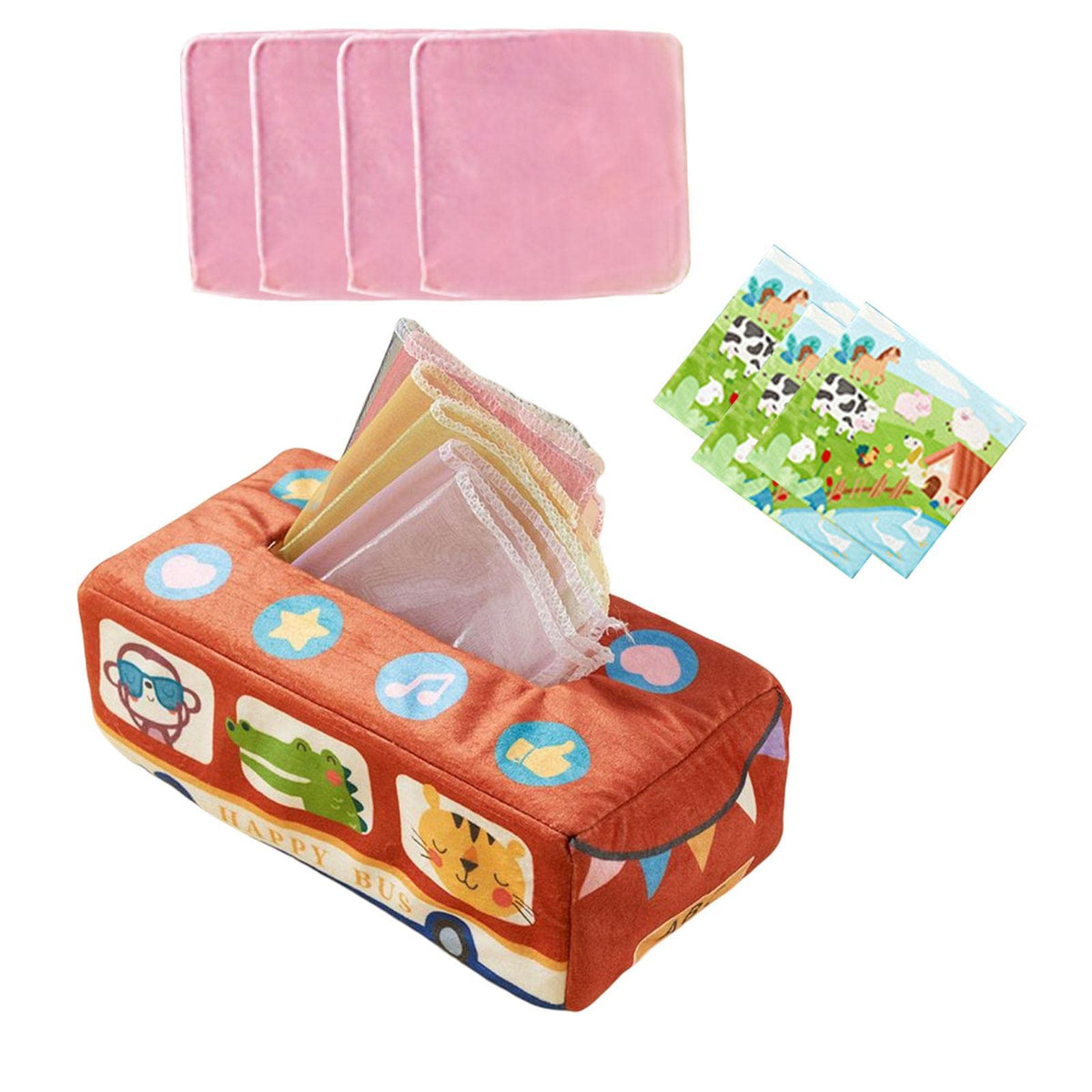 Ilsmysutra Baby Tissue Box Colorful Soft Scarf Box For Developmental Learning Toy With 3 Towels Bus