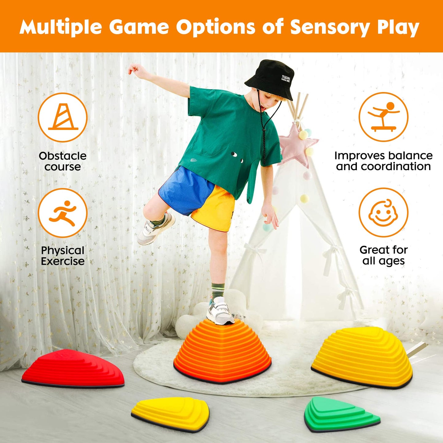 Stepping Stones For Kids 11Pcs Anti-Skidding Stepping Stones Set Balance Stepping Stones Indoor & Outdoor Kids Fitness Equipment Promotes Balance Coordination & Strength (Classic)