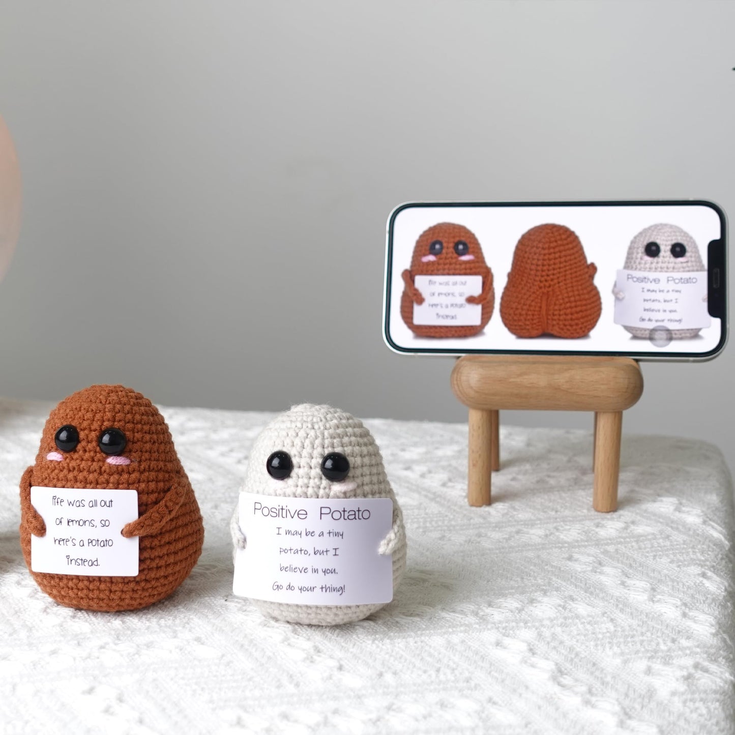 Dicha Positive Potato- Cute And Funny Emotional Support Gift For Friends Party Decoration Encouragement-Handmade Crochet Animals With Card Spreading Joy-Beige