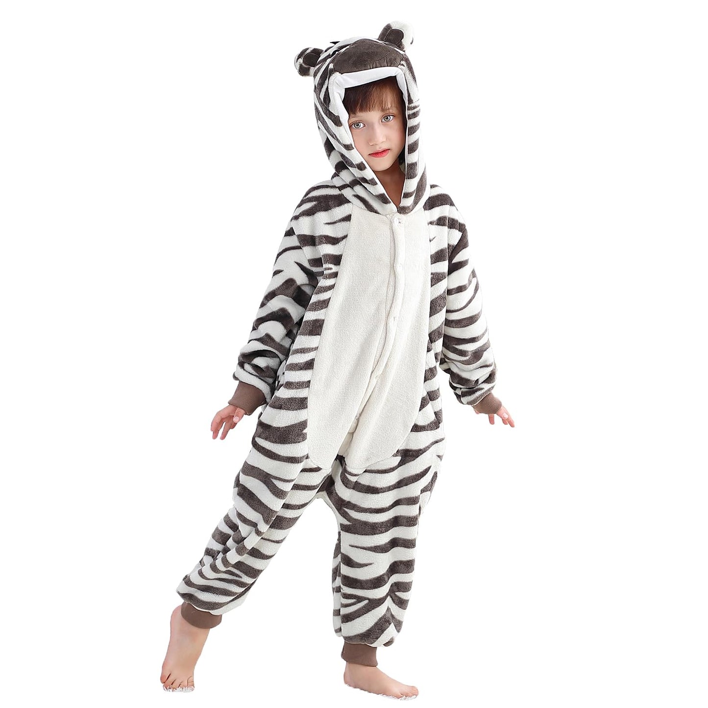 Michley Animal Hooded Romper Kids Flannel Halloween Cosplay Pajamas Costume 3-12T For Autumn Winter, Zebra, 7-8T, Size120