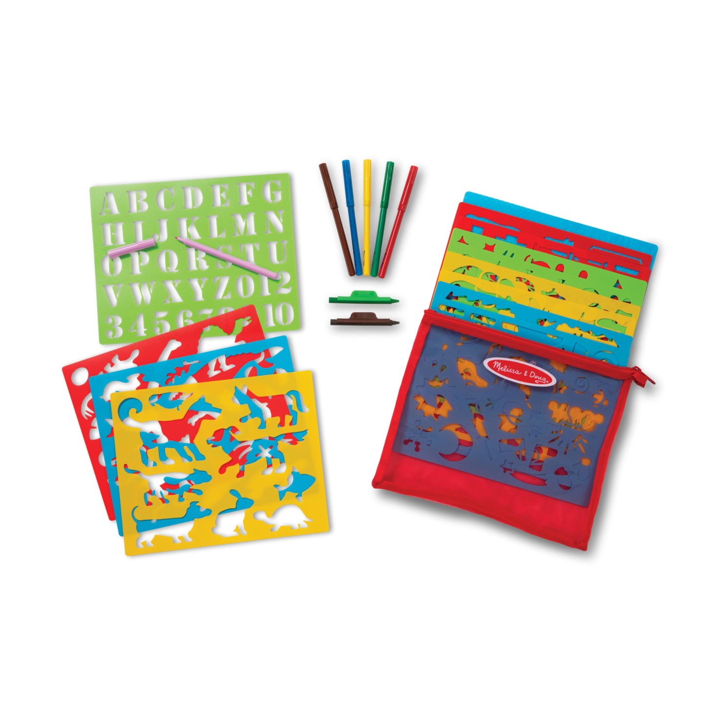 Melissa & Doug Stencil Art Kit - 30 Piece Set with 170+ Designs, 6 Markers, 2 Crayons, Multi Color - FSC-Certified Materials