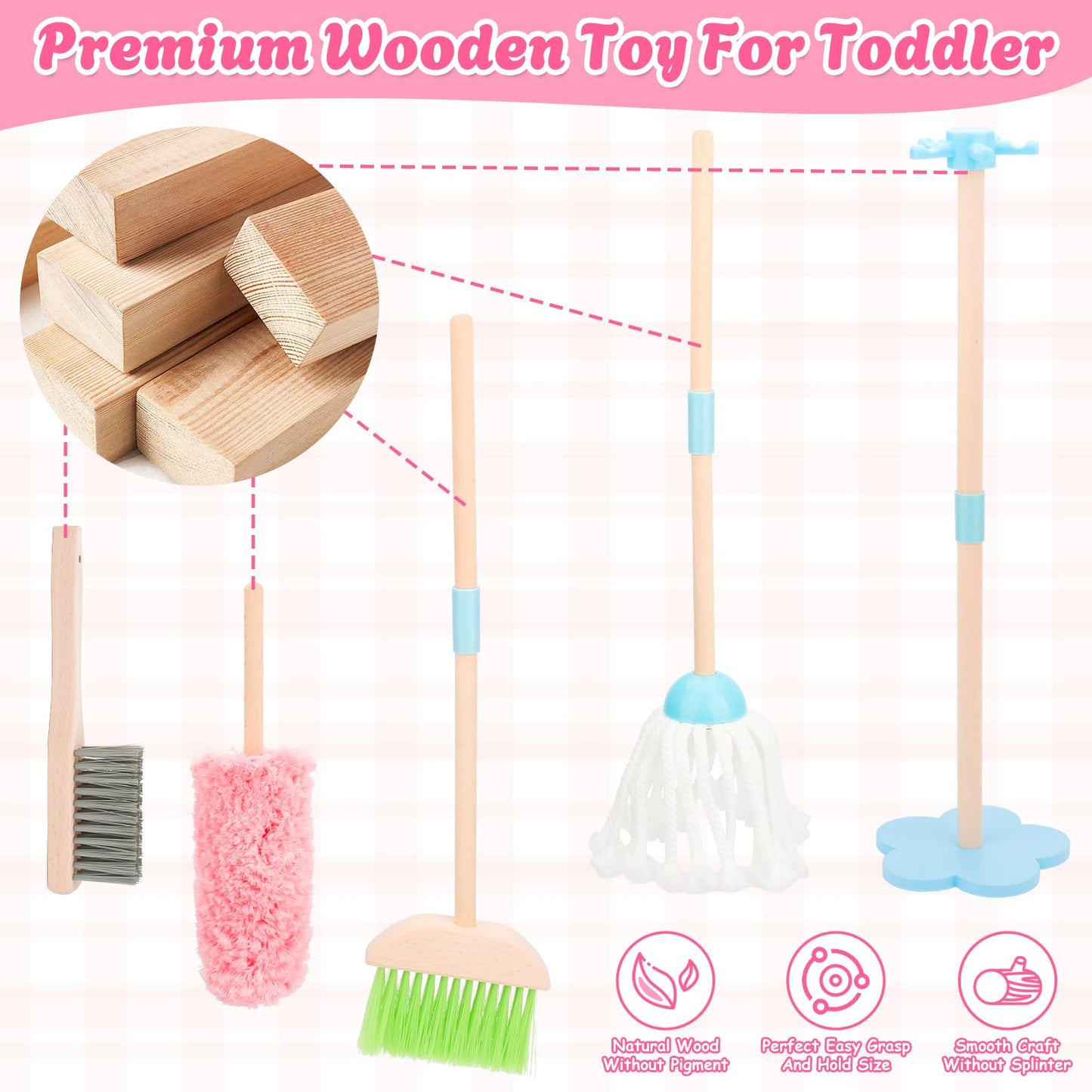 Kids Cleaning Set, Wooden Toddler Broom Set for Housekeeping, 7 Pieces Montessori Cleaning Toys with Kids Broom and Mop Set, Hou