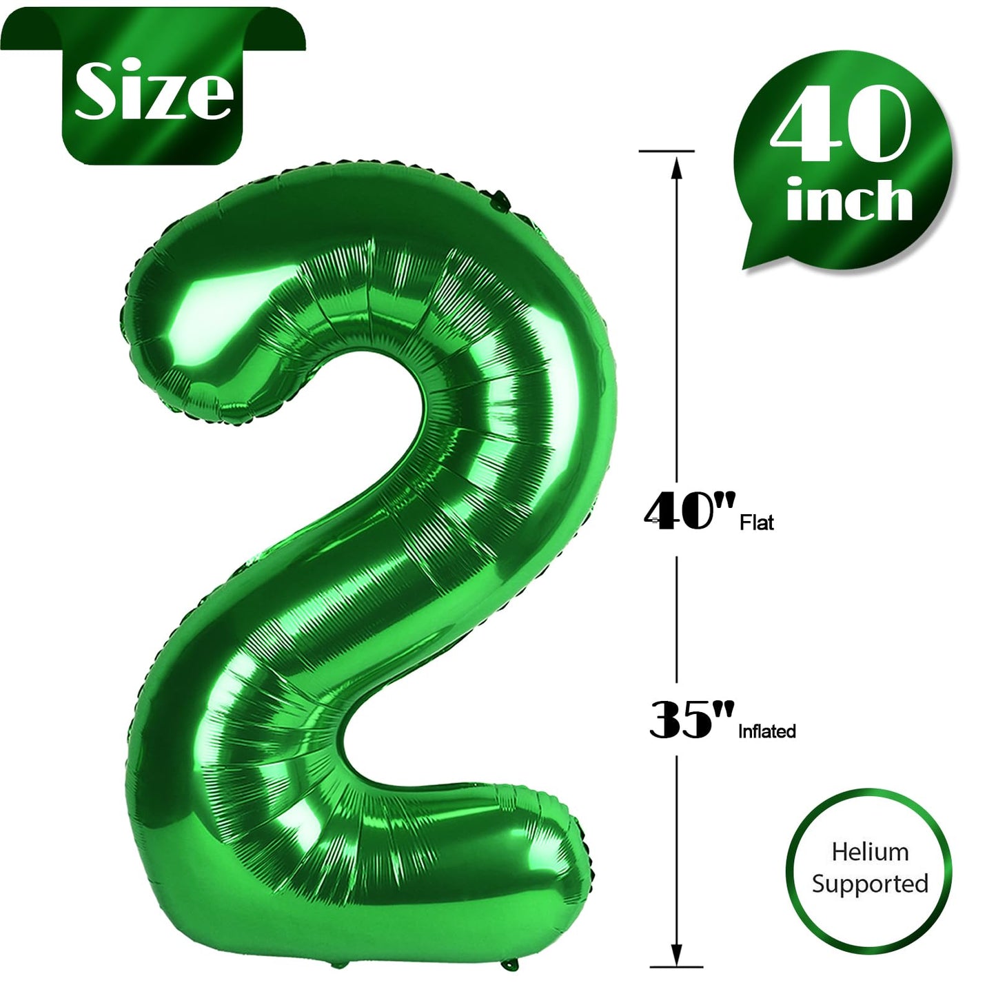 Green Number 2 Balloon 40 Inch, 2 Balloon Number, 2Nd Birthday Decorations For Baby Girls Boys Toddlers