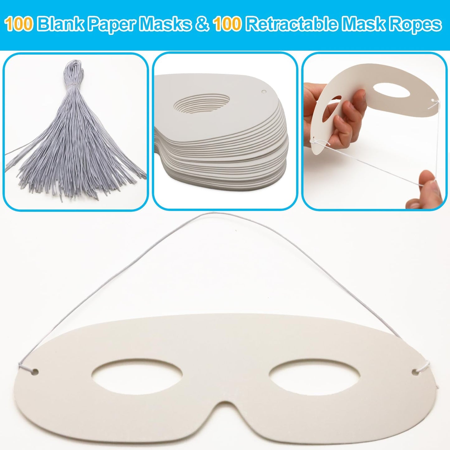 DSYIL DIY Paper Eye Masks Bulk 100 Pack, Blank Masquerade Masks Costume Accessories for Halloween, Cosplay & Events, Adjustable