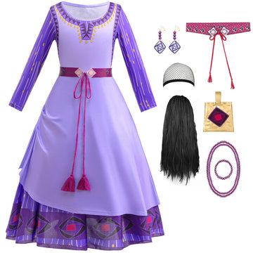 Zaisuifun Princess Asha Costume For Girls Wish Asha Dress Up Kids Halloween Cosplay Outfits With Accessories, Purple, 5-6 Years(