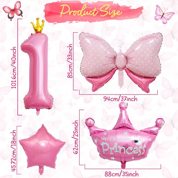 1St Birthday Decorations For Girls, Pink 1St Birthday Balloon Set With 40 Inch Pink Number 1, Large Helium Foil Mylar Crown Balloon, Pink Bow Foil Balloons For Baby Girl Daughter First Birthday Party