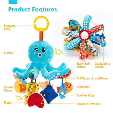 Hahaland Baby Toys 0-6 Months - Octopus Toy With Pulling Cords, Squeaky, Crinkle, Rattle, Mirror - Montessori Toys Developmental Newborn Sensory Toy 2 3 4 Month Babies Gifts Easter Basket Stuffers