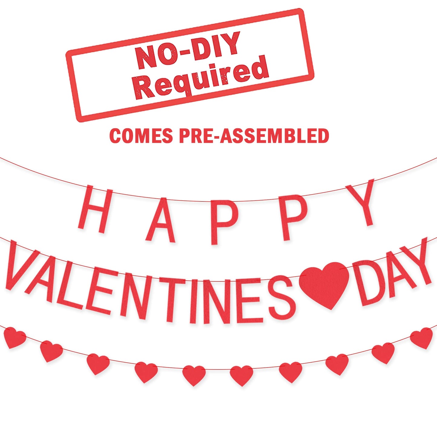 KATCHON Happy Valentines Day Felt Banner With Heart Garland for Mantle, Indoor or Outdoor Decorations, No DIY Required, Red, Fel