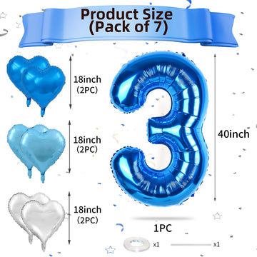 Biapian 40 Inch Blue Number 3 Balloons, Large Number 3 Balloon With 18'' Dark Blue And Silver Foil Heart Shape Balloons Helium F