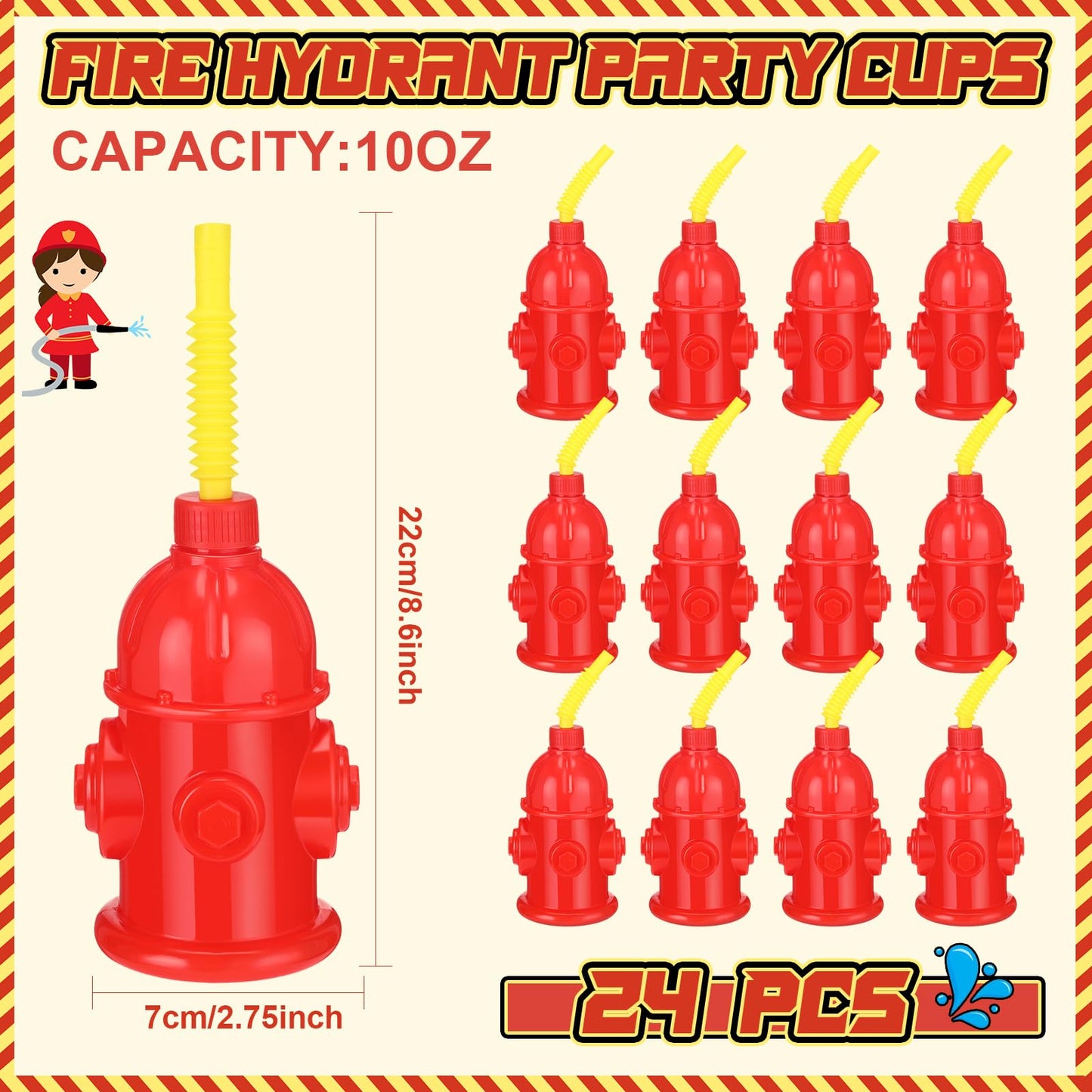 Panitay 24 Pcs 10oz Straw Fire Hydrant Cups with Lids Plastic Firefighter Patrol Party Favors Reusable Red Fire Truck Cup Decora