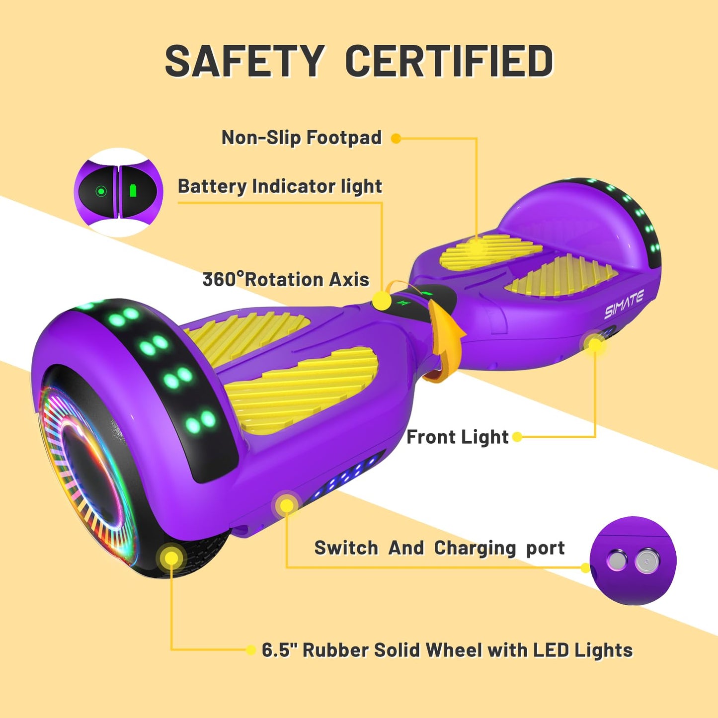 SIMATE 6.5" Self Balancing Scooter - Purple Yellow, Dual 250W Motors, LED Wheels, Bluetooth, P6 Model, 8.5 mph Max Speed, 8.