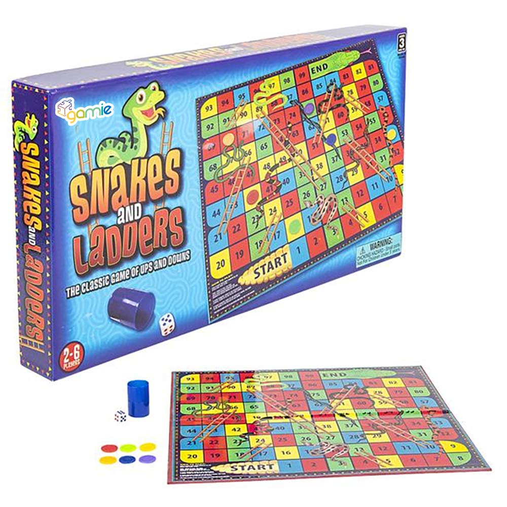 Gamie Snakes and Ladders Board Game for Kids  Complete Set with Board  6 Pegs  and Dice  Classic Fun for Family Game Night and Classroom  Best Birthday Gift Idea for Boys and Girls