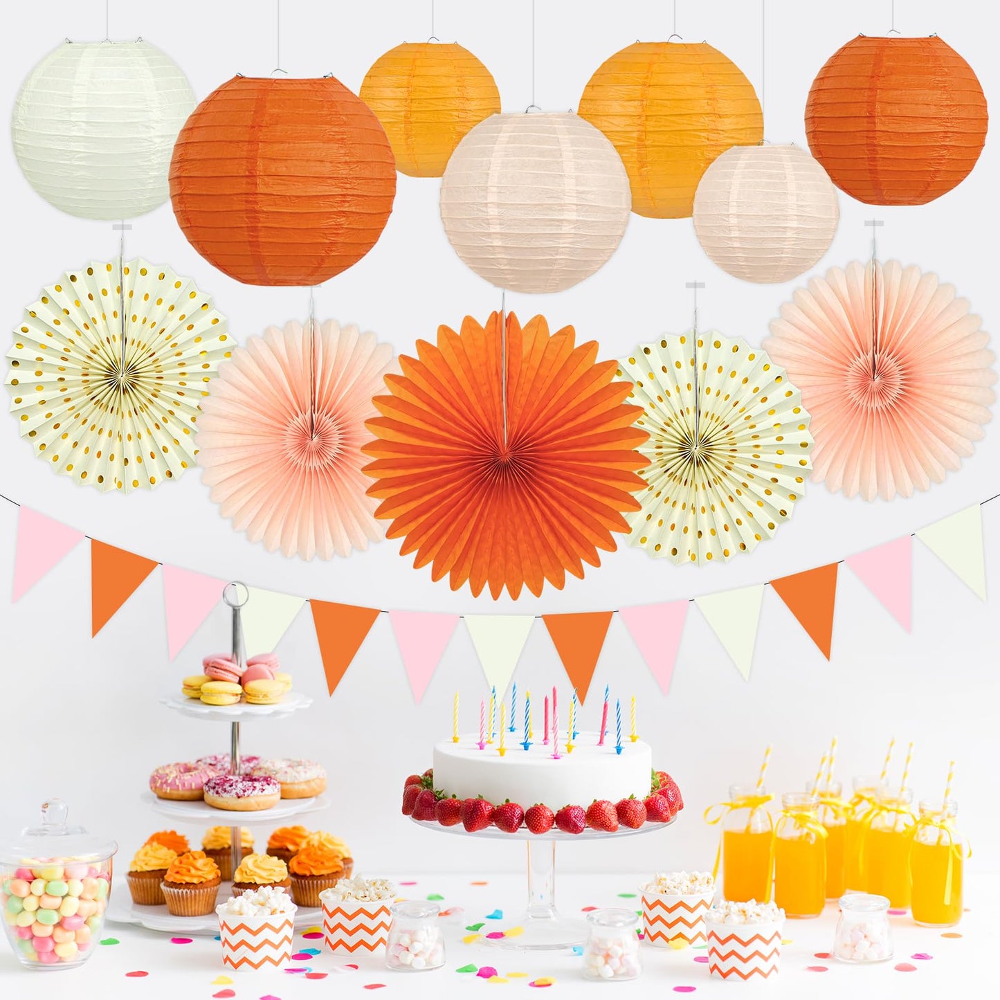 15Pcs Autumn Pink and Orange Party Decorations, Hanging Orange Paper Lanterns Honeycomb Paper Fans Triangle Flag Banner for Girl