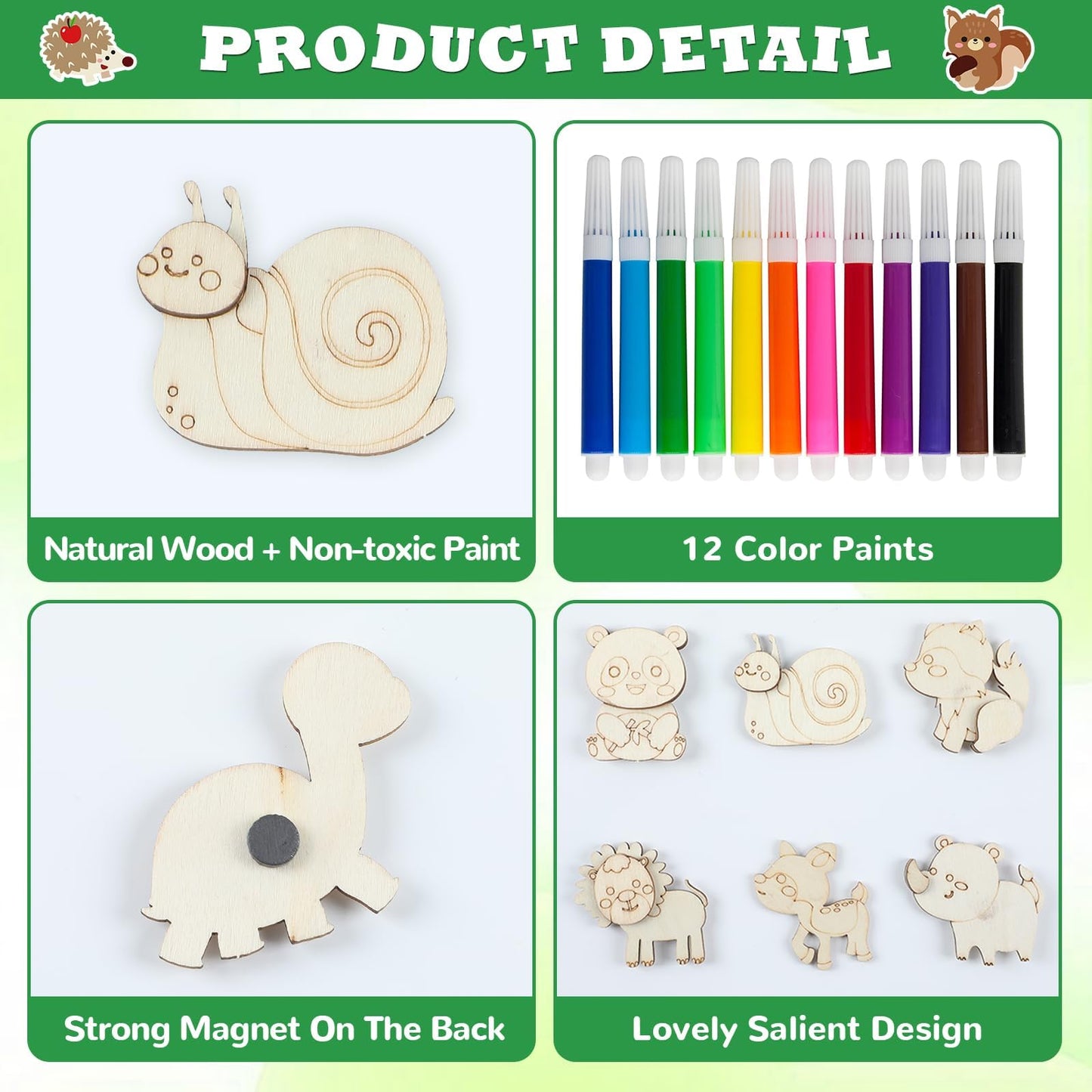 gisgfim Wooden Magnet Painting Craft Kit - 36Pcs Jungle Animal DIY Arts & Crafts for Kids Ages 4-12, 11.42 x 12.2 x 0.12